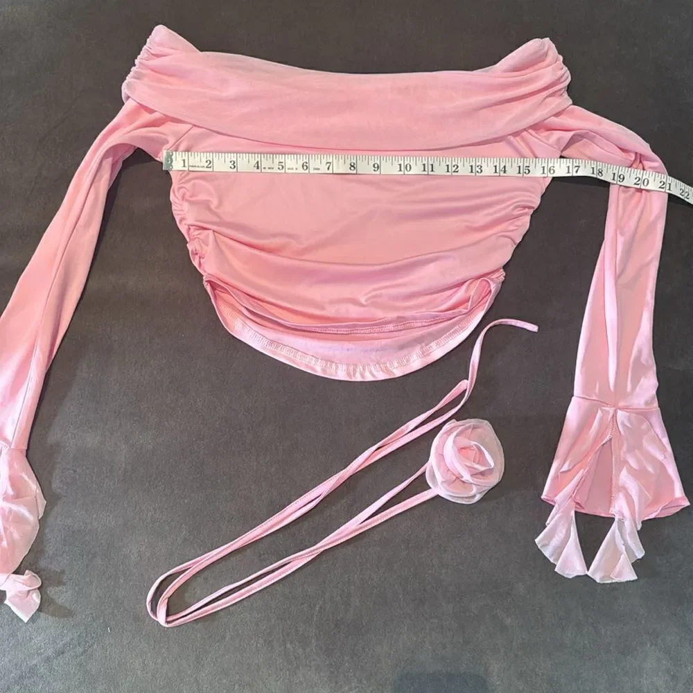 Pink 2 Piece Set Off the Shoulder Long Sleeve Crop Top & Skirt Size L NEW